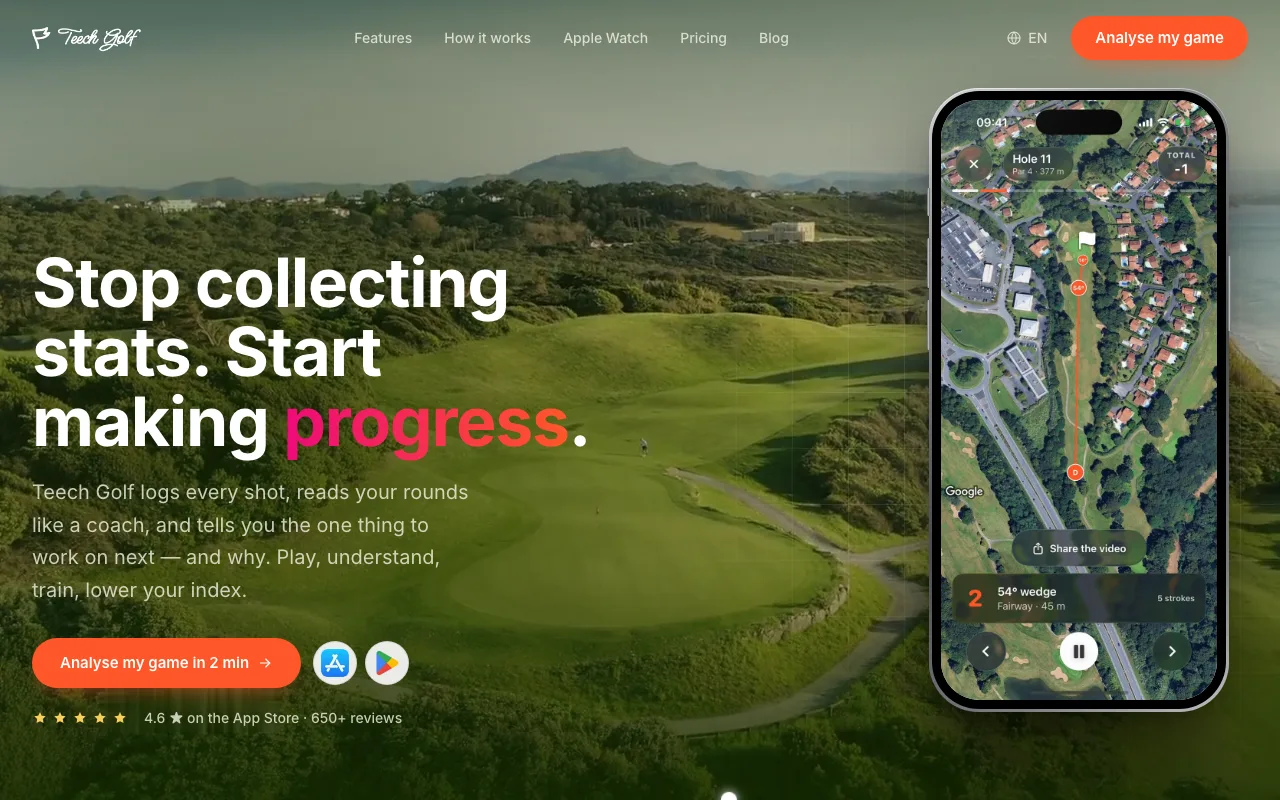 Teech Golf website, a golf coaching app